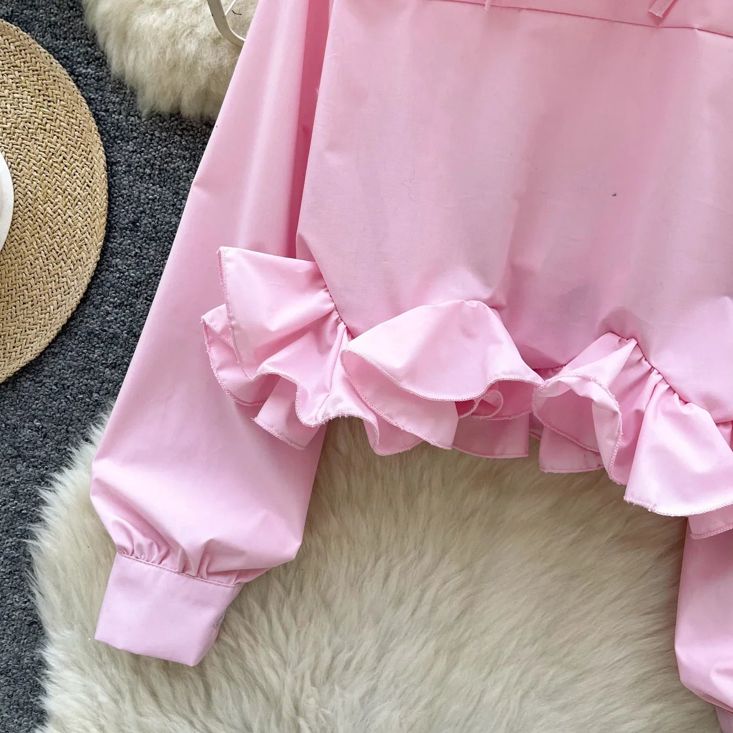 Women's 3D Floral Long Sleeve Blouse Single Breasted Turn-Down Collar Slim Fit Solid Color Shirt