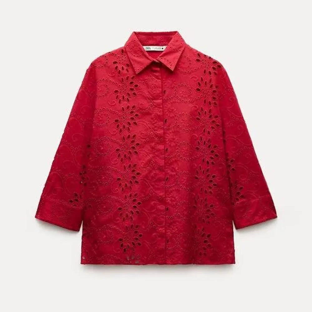 Women's Autumn Hollow Embroidery Poplin Lapel Single Breasted Shirt Stylish Slim Fit Office Casual Blouse