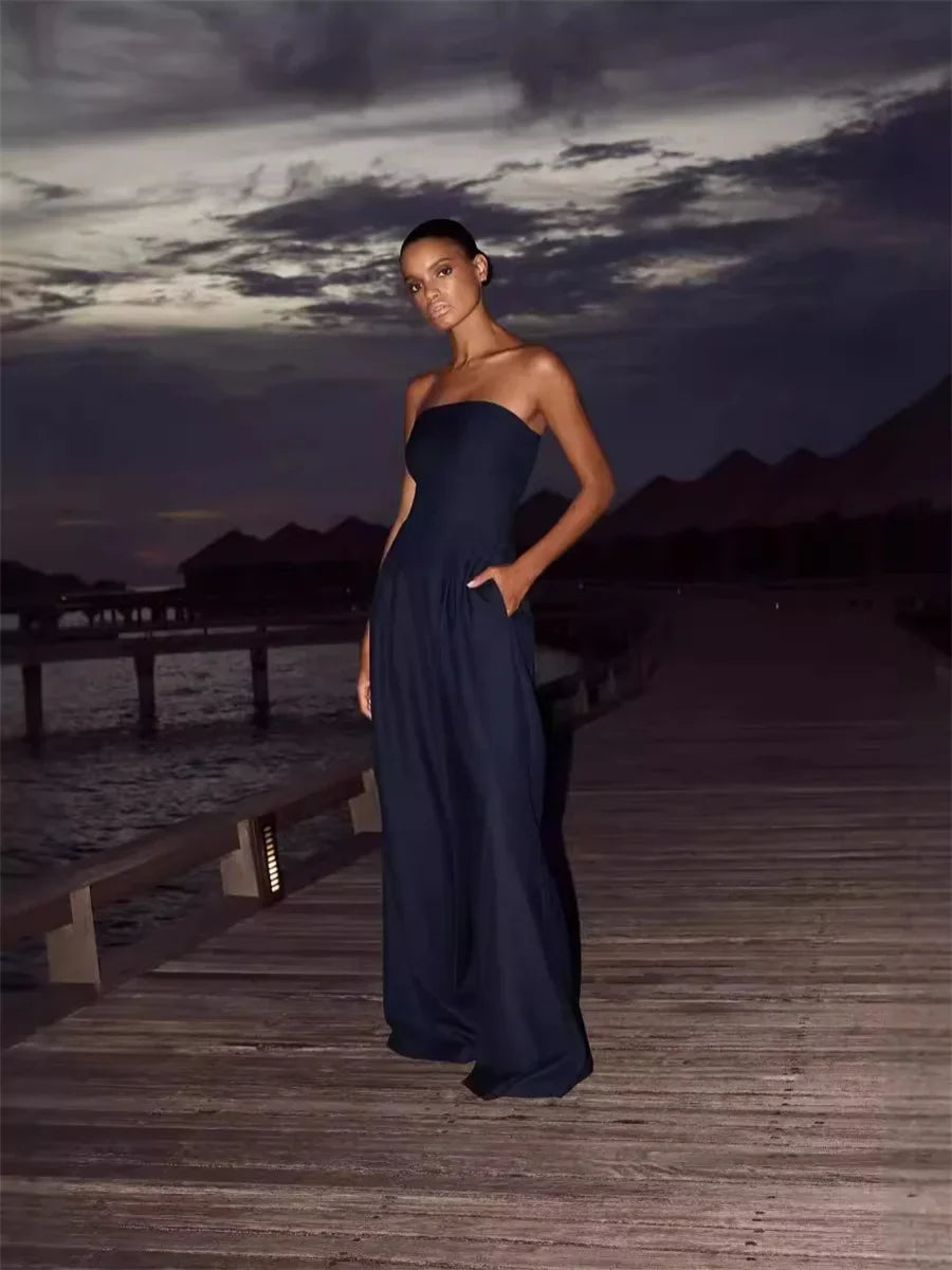 Solid Backless Off Shoulder Jumpsuit for Women Waist Cinching Wide Leg Pants with Pockets Elegant Summer Bodysuit Outwear