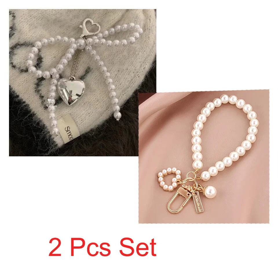 White Bowknot Heart Keychain for Women Sweet Charm Pearl Bow Backpack Key Ring Handmade Jewelry Ornament