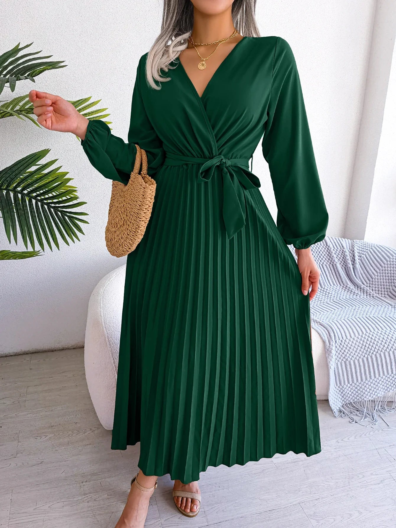 Elegant Surplice Neck Pleated Maxi Dress With Belt Flair
