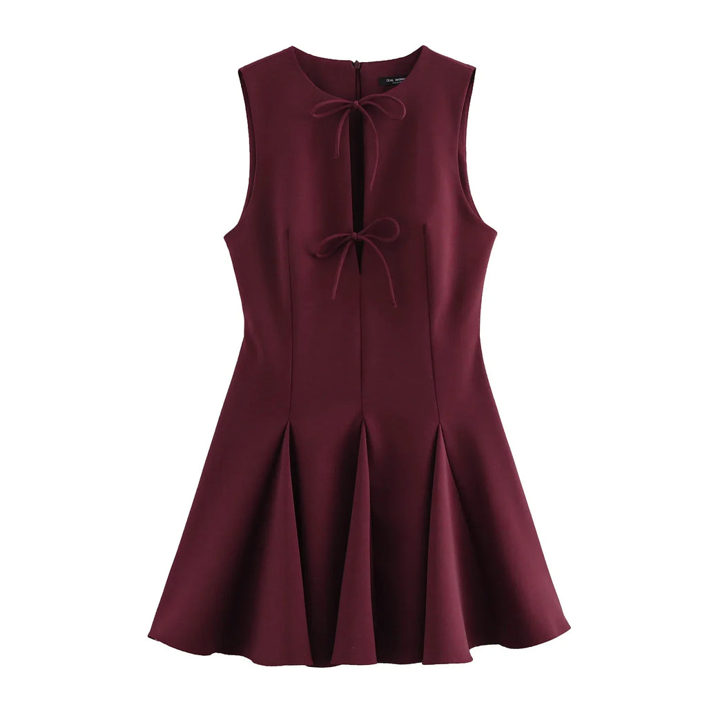 Hollow Out Bow Mini Dress Women Pleated Sleeveless Party