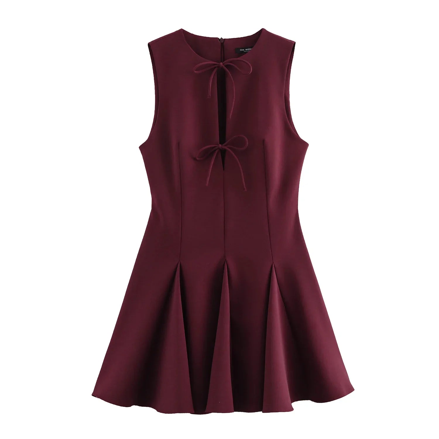 Hollow Out Bow Mini Dress Women Pleated Sleeveless Party