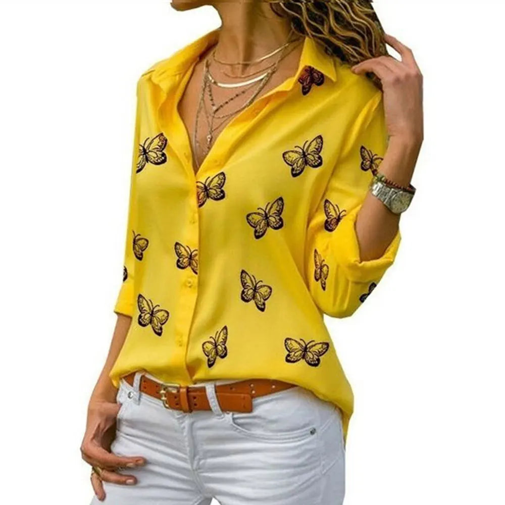 Elegant Women Butterfly Print Loose Fit Long Sleeve Blouse with Turn Down Collar Casual Oversized Office Shirt for Spring and Autumn