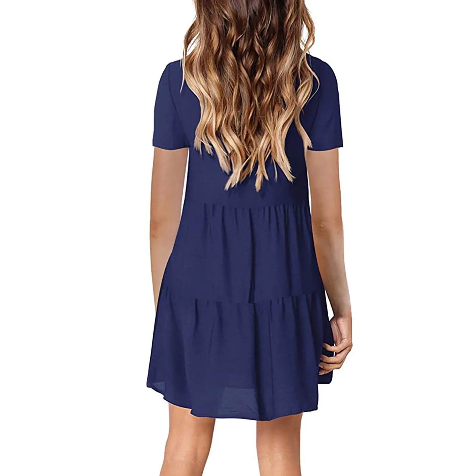 Womens V Neck Short Sleeve Loose Fit Dress Solid Color