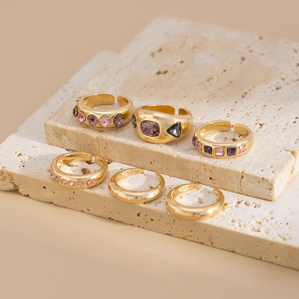 Adjustable Purple Zircon Inlaid Gold Color Ring Set for Women - 6 Piece Fashion Jewelry Collection