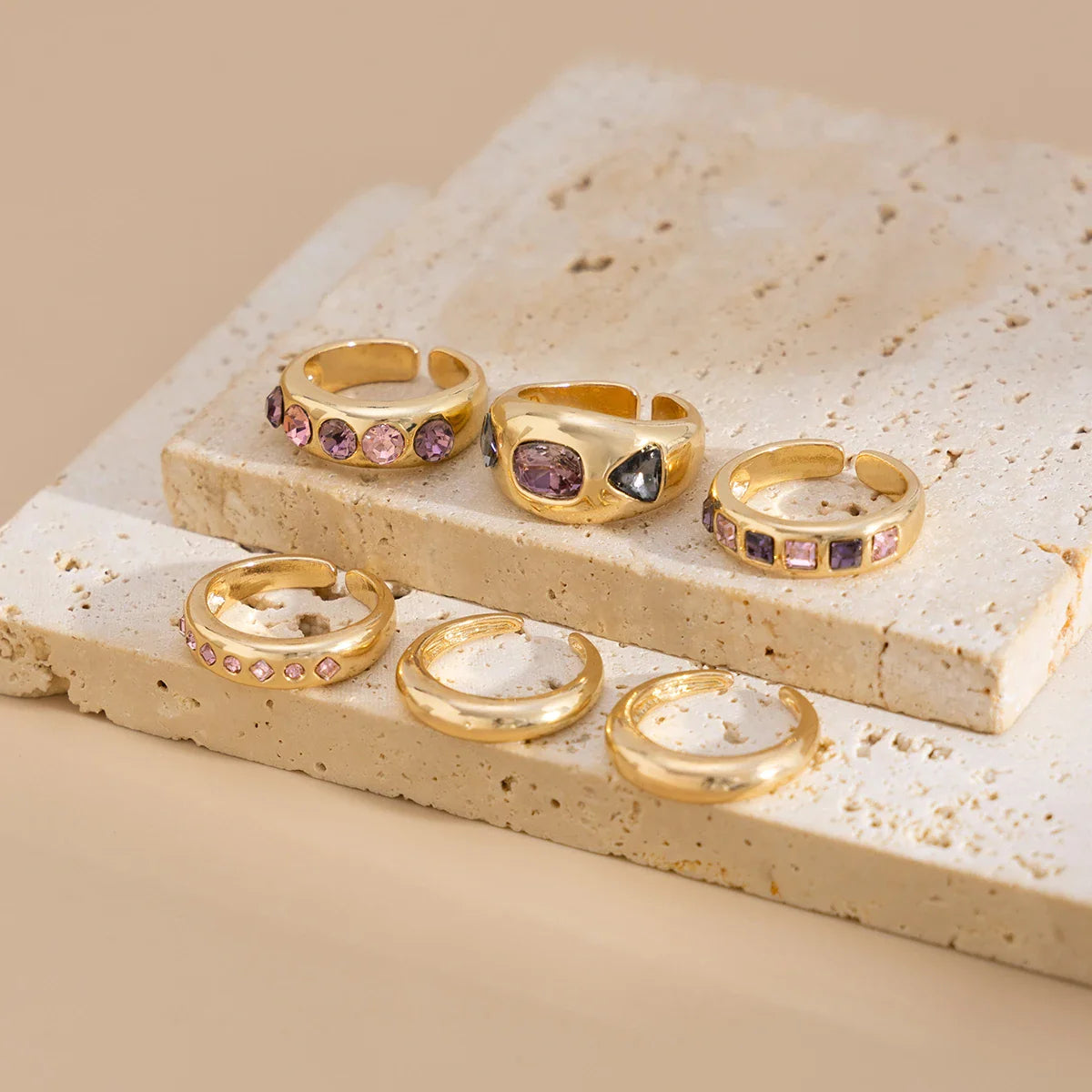 Adjustable Purple Zircon Inlaid Gold Color Ring Set for Women - 6 Piece Fashion Jewelry Collection
