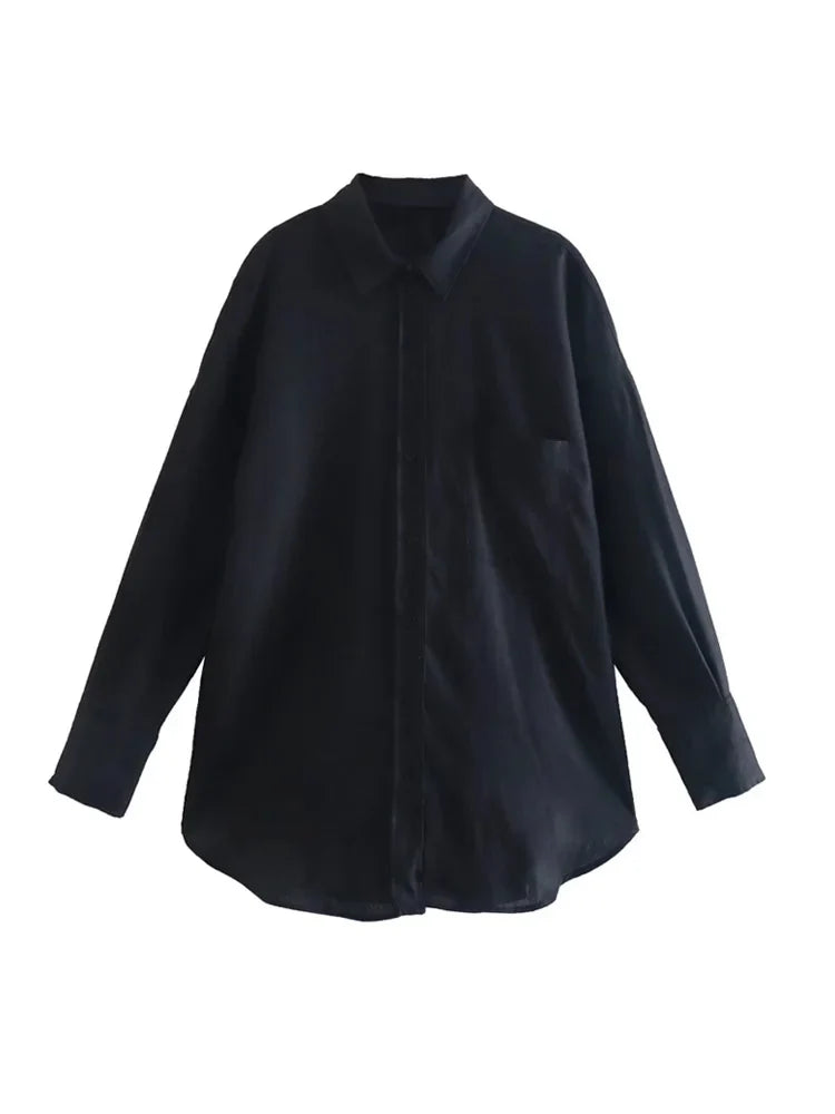 Women's Oversized Vintage Long Sleeve Button-Up Shirt with Pocket Chic Blouse Top