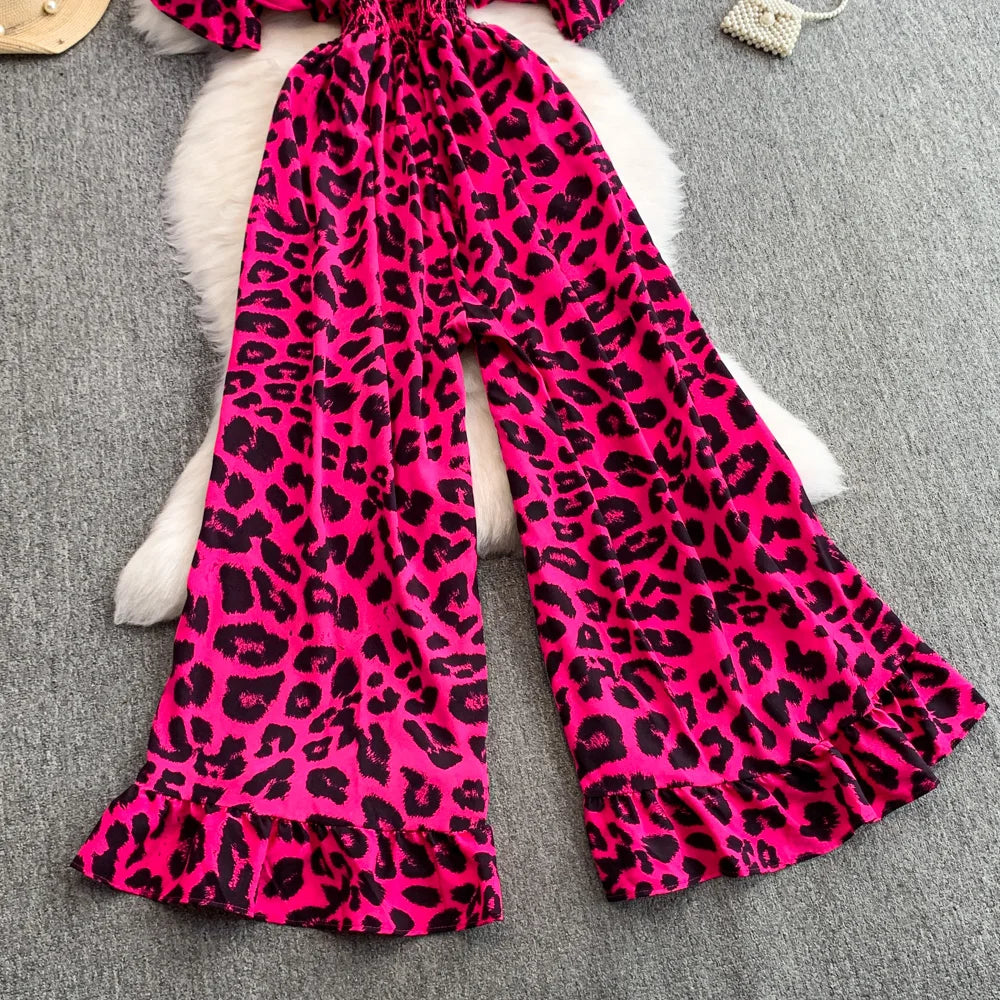 Women's Summer V-Neck Leopard Print Lace-Up Jumpsuit Short Sleeve Loose Fit Playsuit Overalls with Elegant Ruffle Detail