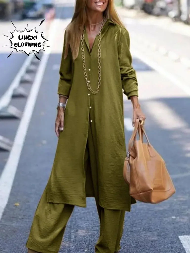 Elegant Women's Long Robe and Wide Leg Pants Two-Piece Set in Solid Color