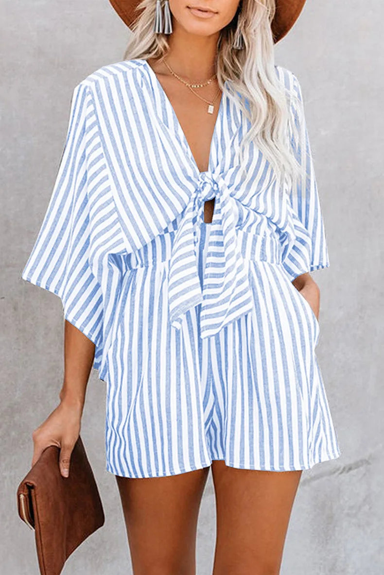 Women's Summer Slimming Striped Jumpsuit with Deep V Neck, Flared Three Quarter Sleeves, and Wide Leg Pants