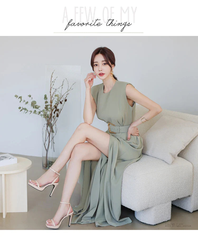 Elegant Women's Business Jumpsuit O-Neck Wide Leg Split Trousers Long Casual Workwear Romper