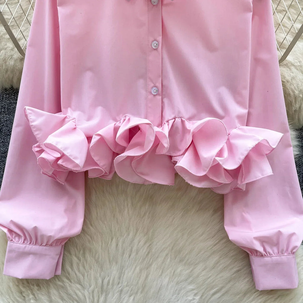 Women's 3D Floral Long Sleeve Blouse Single Breasted Turn-Down Collar Slim Fit Solid Color Shirt