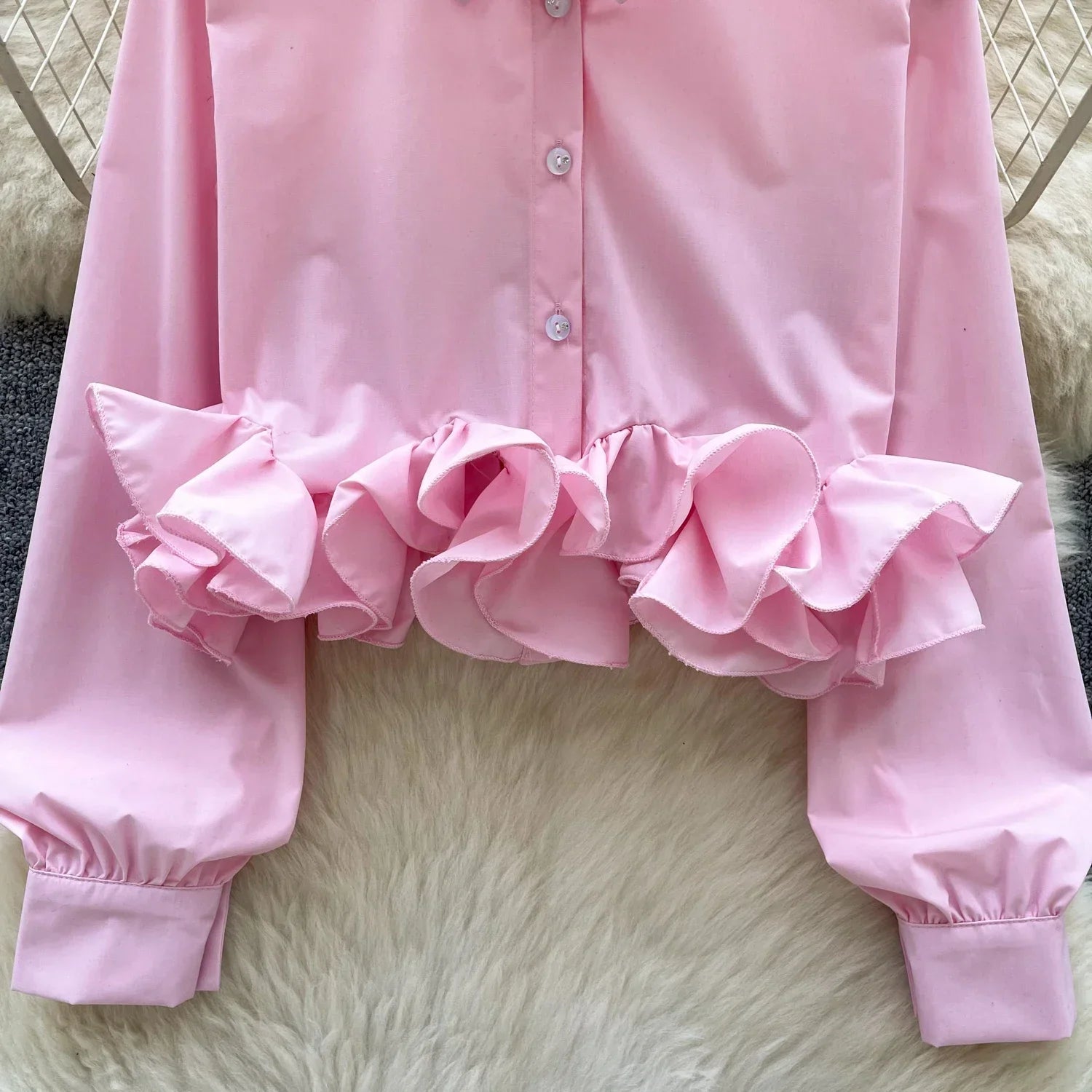 Women's 3D Floral Long Sleeve Blouse Single Breasted Turn-Down Collar Slim Fit Solid Color Shirt