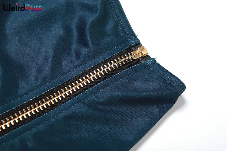 Weird Puss Solid 2 Piece Set Women Low-Neck Zipper Tank Top and Peach Hip Skirt Stretchy Clubwear Matching Outfit