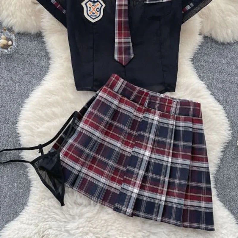 Sexy Preppy Style JK Set for Women Polo Neck See-Through Crop Top Plaid Pleated Short Skirt Student Cosplay Outfit