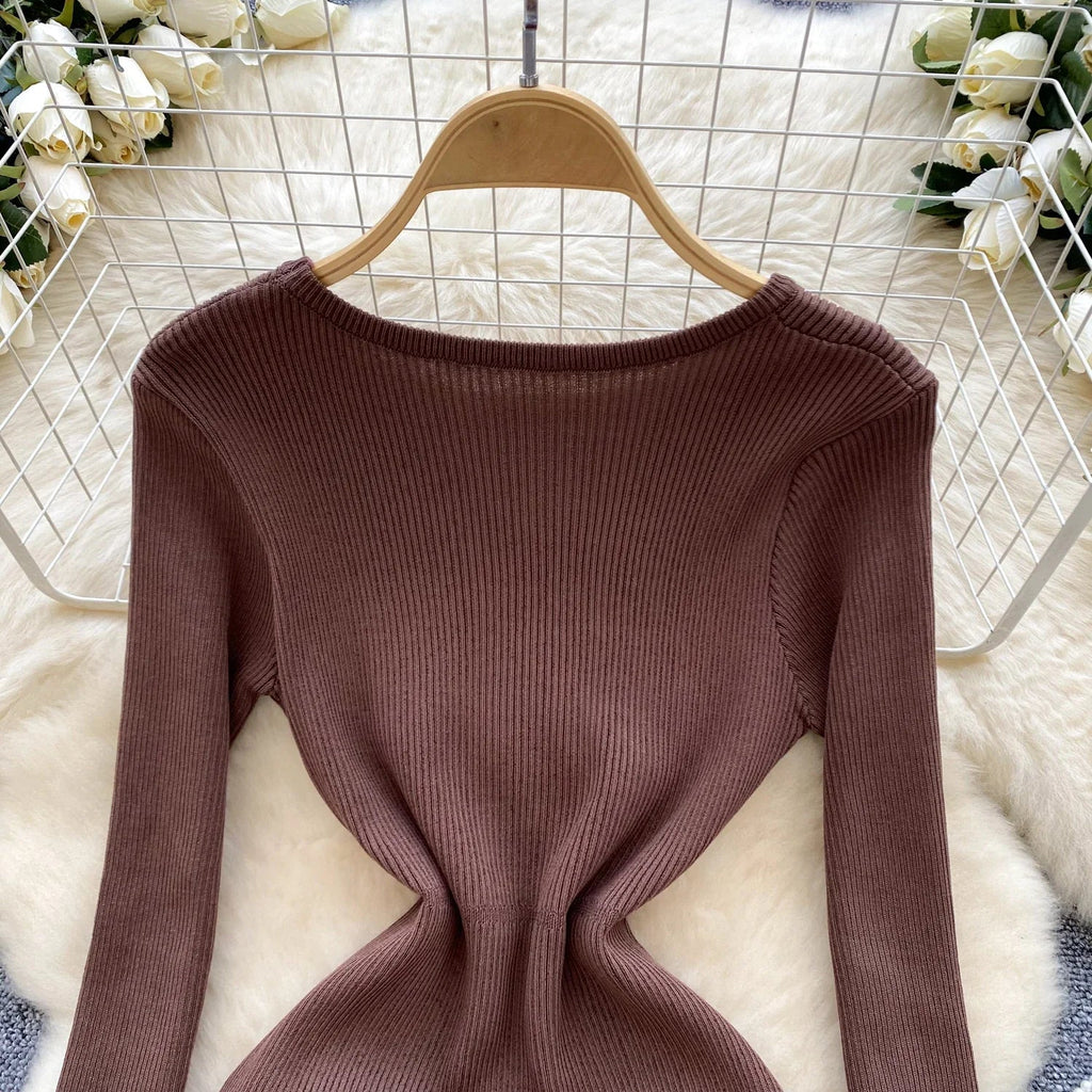 Knitted Short Dress With O Neck Bow Bodycon Chic Style