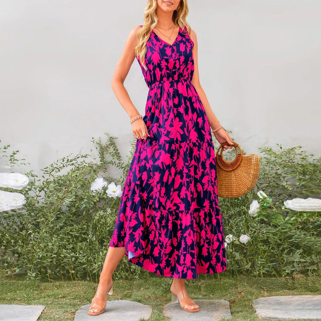 Floral Summer Dress With V Neck Suspender Flowing Fit