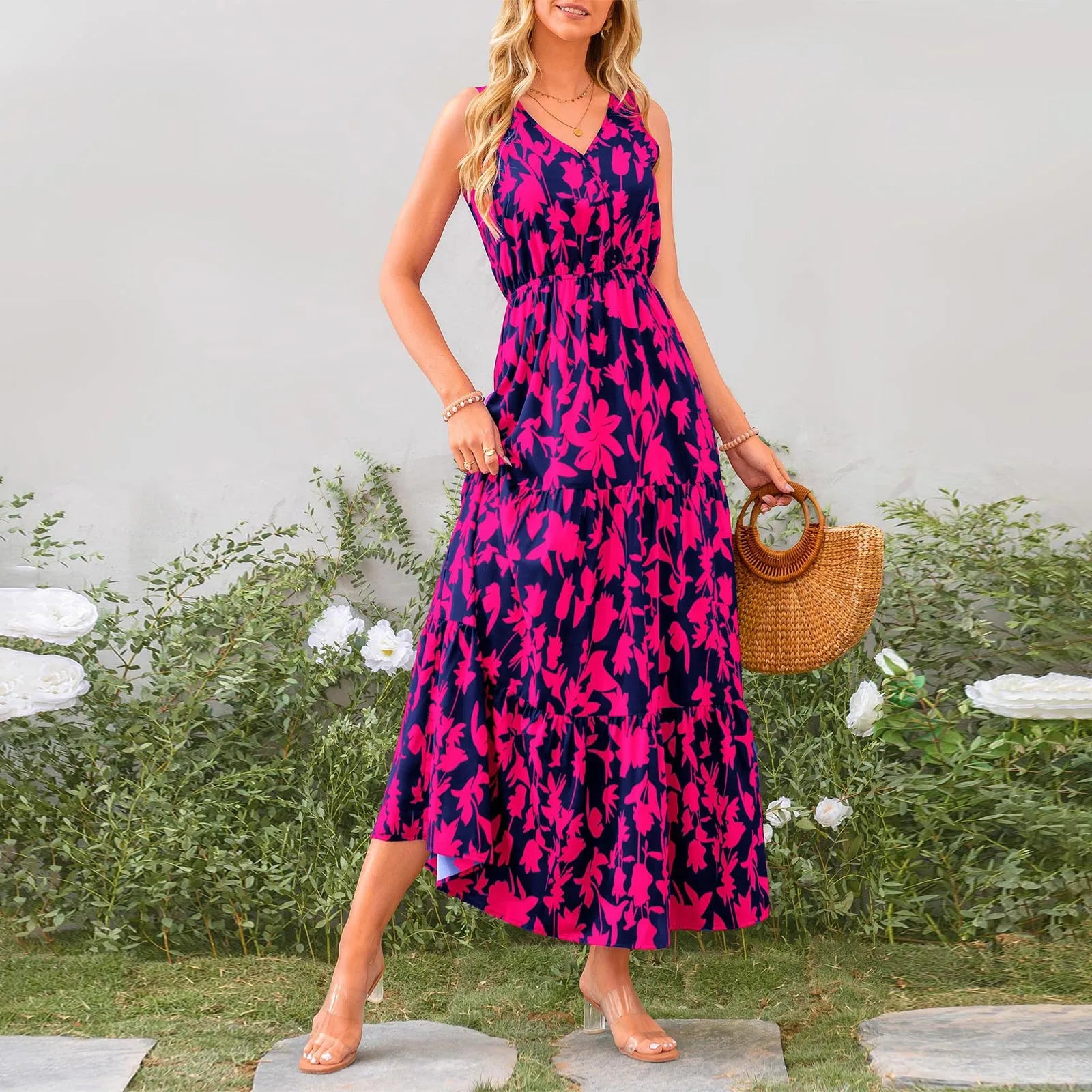 Floral Summer Dress With V Neck Suspender Flowing Fit