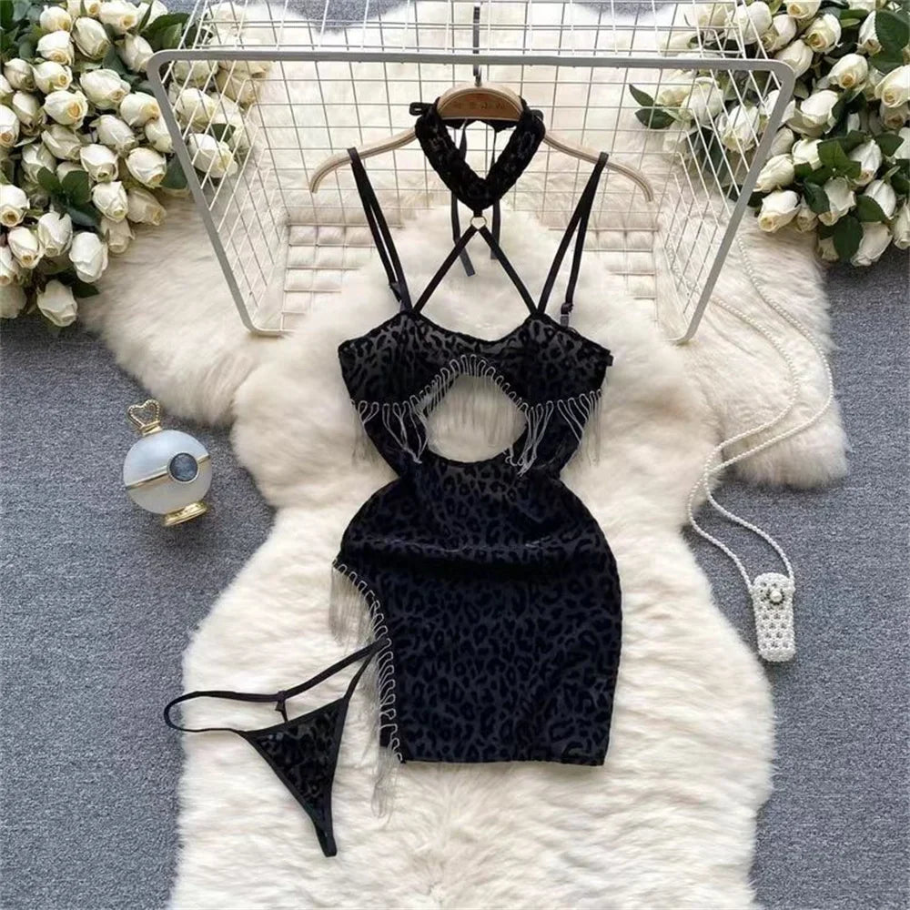 Leopard Print Lingerie Halter Nightwear Side Slit Tassels