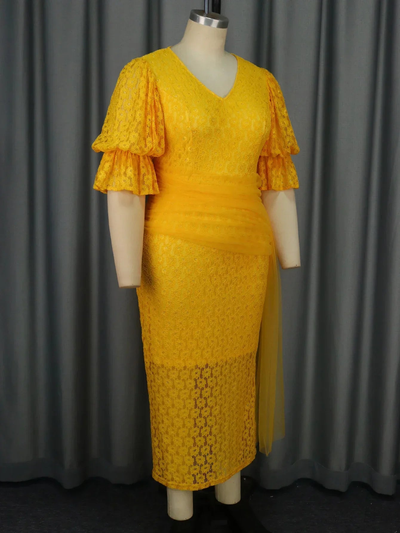 V Neck Lace Dress For Wedding Guest Lantern Sleeves Mesh