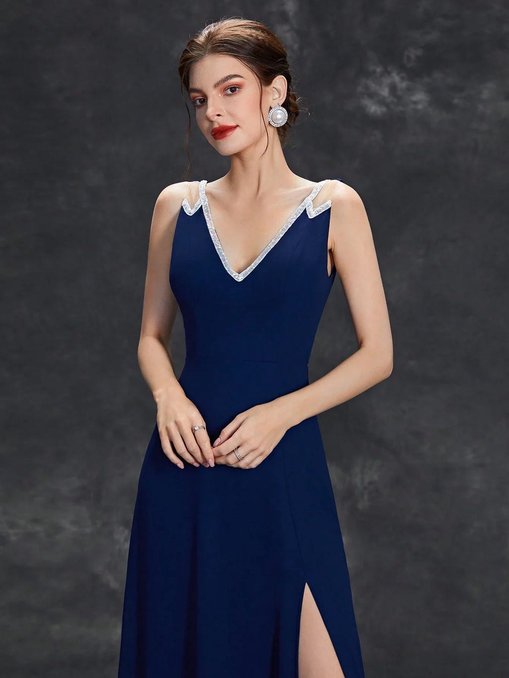 V Neck Sequin Ribbon Trim Chiffon A Line Long Prom Dress