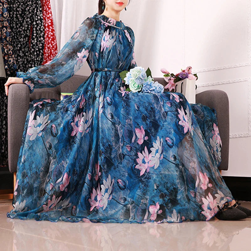 Plus Size Boho Maxi Dress Floral Chiffon Long Sleeve