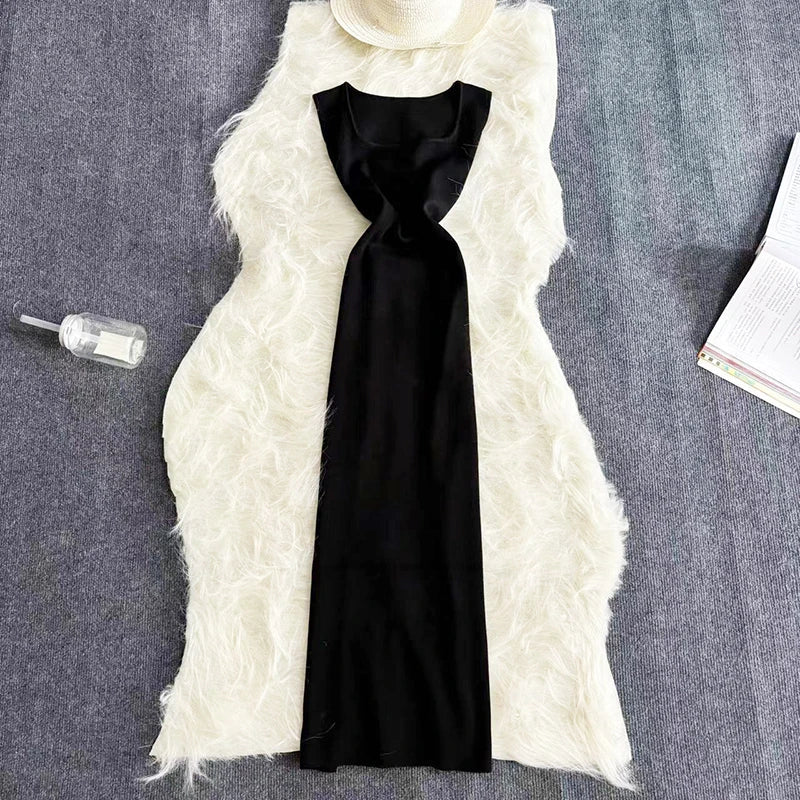 Striped Knitted Maxi Dress Square Neck Sleeveless Bodycon