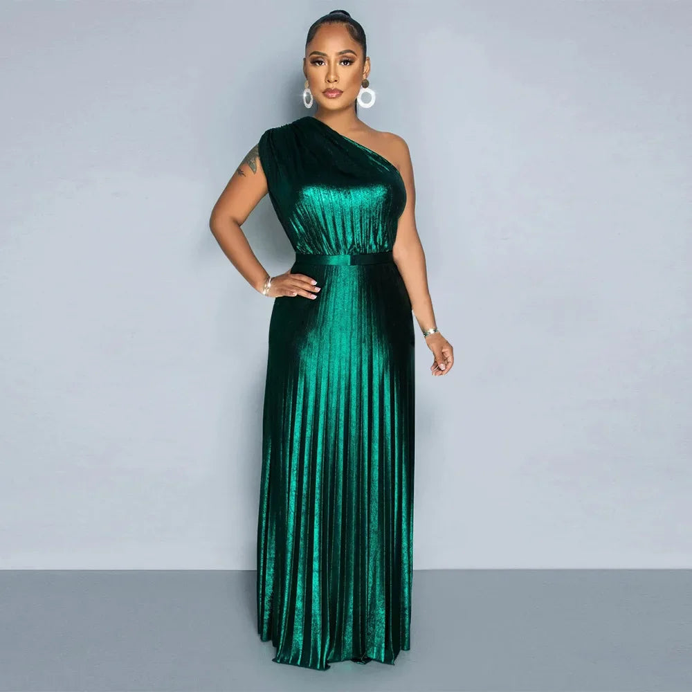 One Shoulder Metallic Pleated Maxi Dress Evening Gown