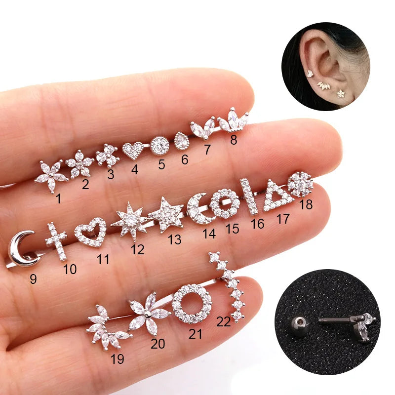 Mini Zircon Cartilage Piercing Stud Earring in 316 Stainless Steel for Women - Helix and Tragus Body Jewelry