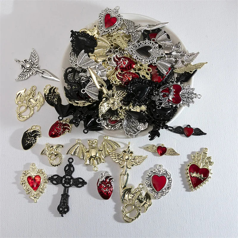 10 Piece Gothic Charms Set with Cross, Heart, and Skull Pendants for DIY Handmade Earrings and Jewelry Accessories