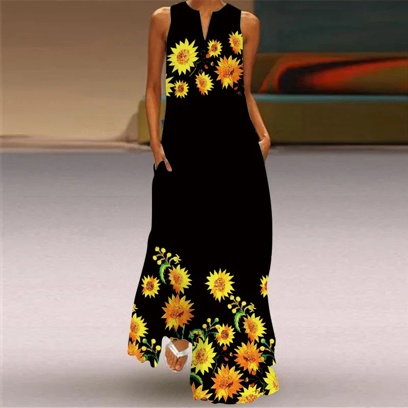 Womens Sleeveless V Neck Printed Maxi Dress For Summer