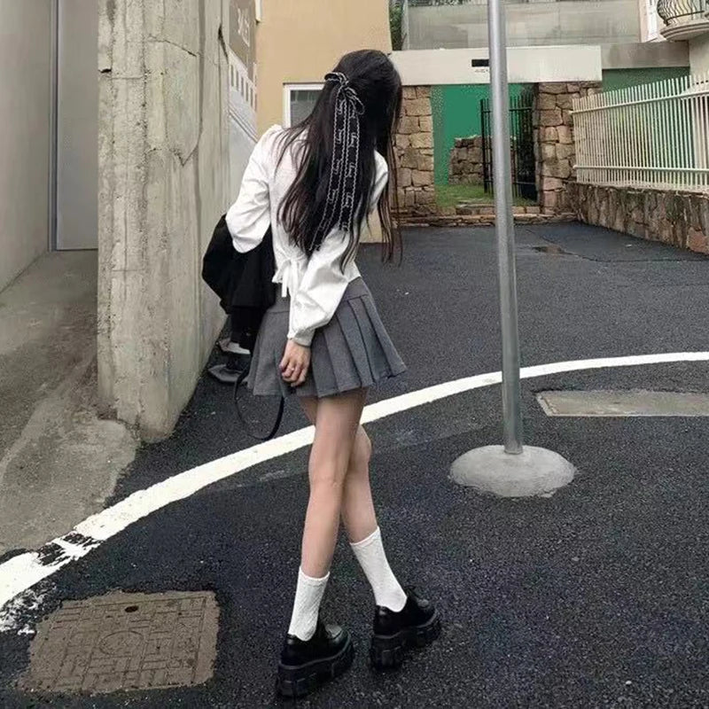 Preppy Long Sleeve White Shirt for Women Korean Chic Button-Up JK Blouse Student Uniform with Fashionable Lace-Up Detail