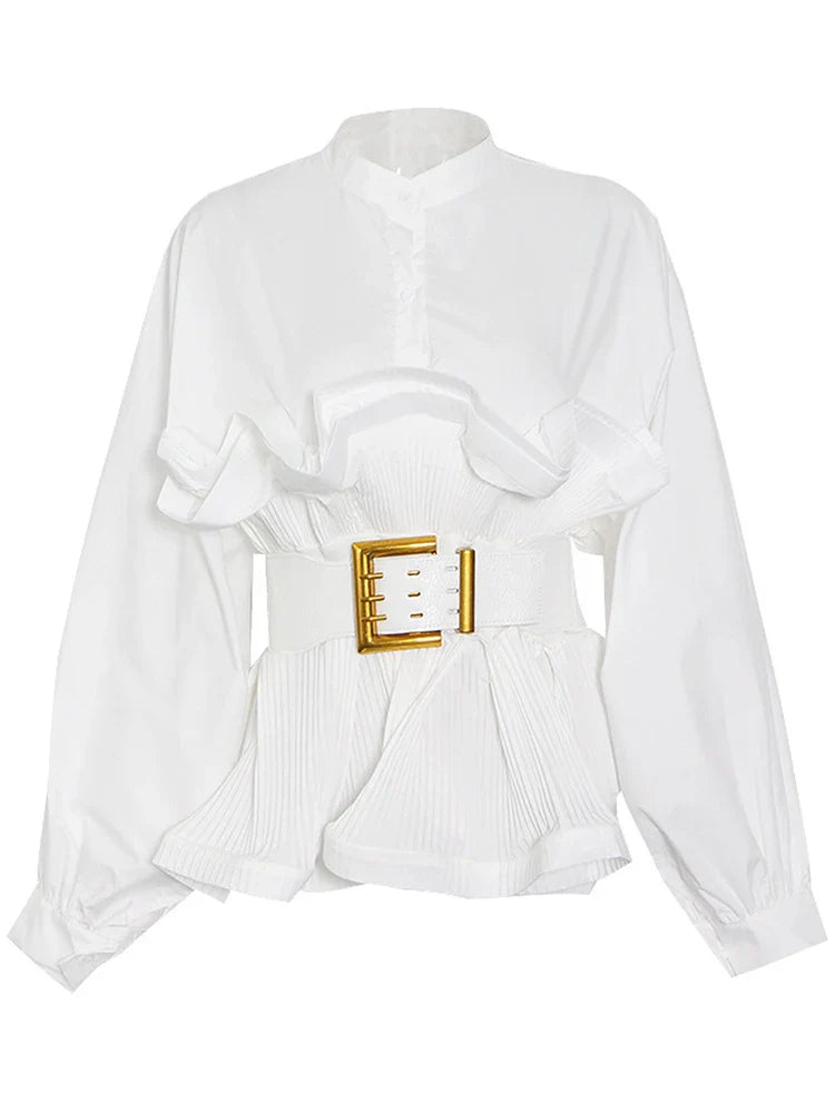 Solid Patchwork Belt Minimalist Women's Shirt Stand Collar Long Sleeve Tunic Spliced Ruffle Casual Blouse