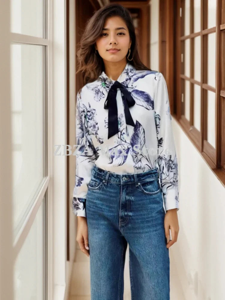 Women's Bow Tie Printed Blouse with Polo Collar Long Sleeve Single Breasted Vintage Loose Fit Elegant Shirt Top