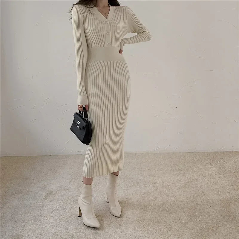Knit V Neck Women Sweater Dress Long Sleeve Bodycon Office
