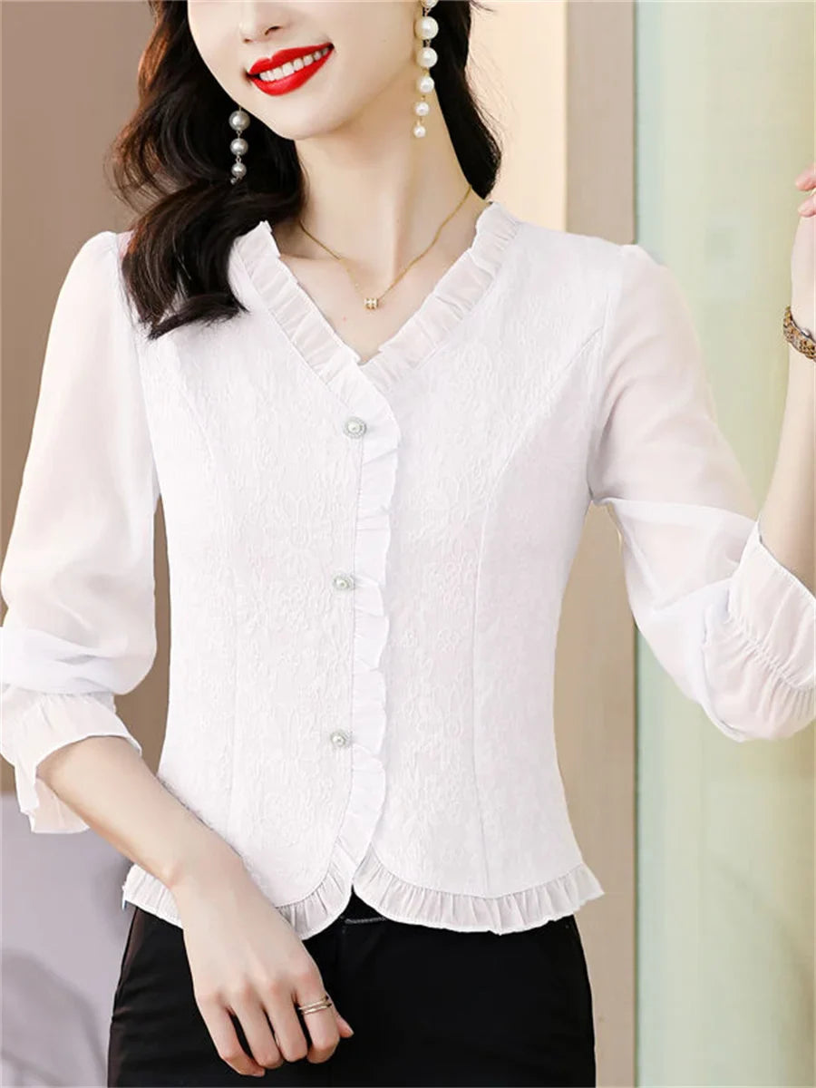 Women Casual Long Sleeve V-Neck Blouse Solid Color Lightweight Shirt for Spring and Autumn