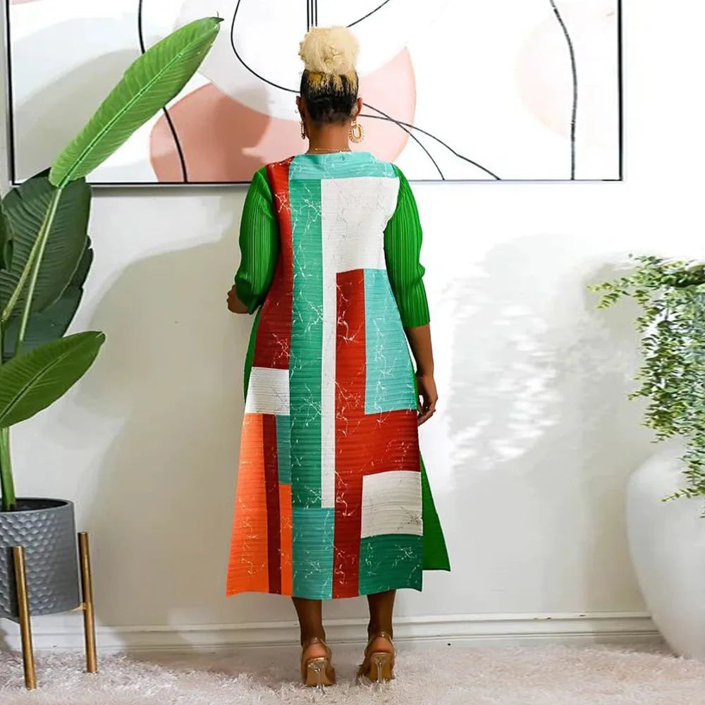 Leaf Print Pleated Boho Maxi Dress for Women Casual Beach