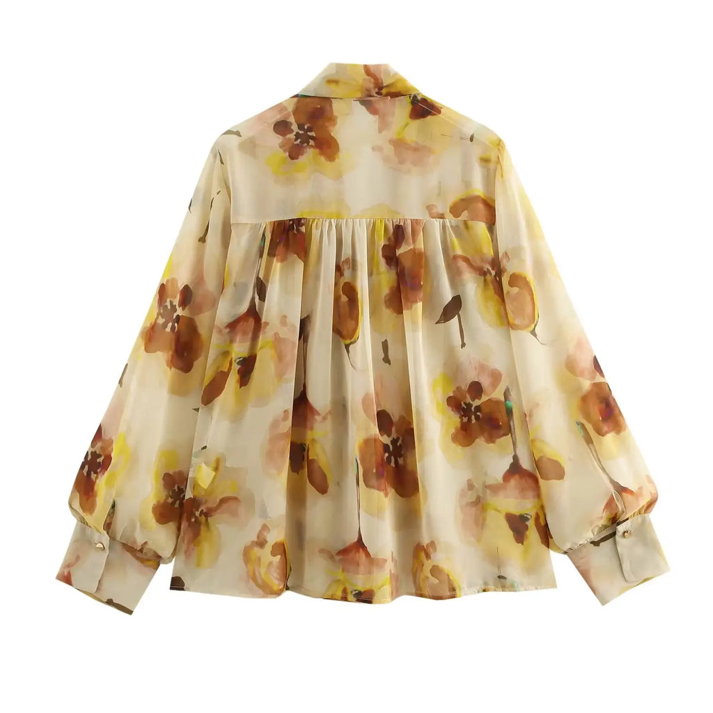 Women's Fashionable Loose Floral Print Semi Transparent Lapel Tie Long Sleeve Shirt for Spring