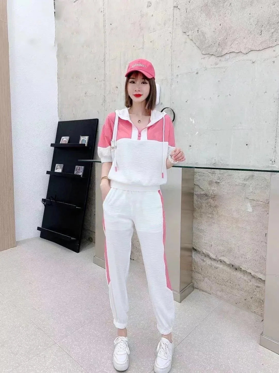Women's Casual Loose Fit Tracksuit Set with Short Sleeve Hooded Top and High Waist Pants