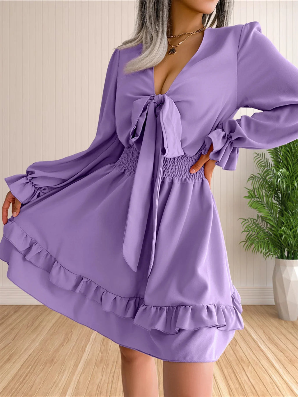 Womens V Neck Knot Front Smocked Waist Tiered Skater Dress