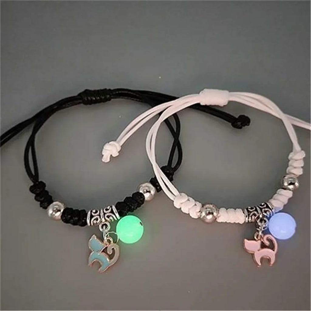 Luminous Beads Star Couple Bracelet for Women and Men Matching Friendship Jewelry with Cat Flower Heart Key Lock Cross Charms