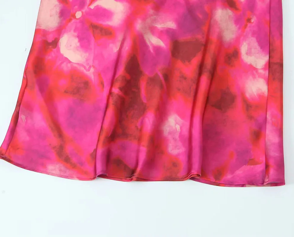 Printed Satin Midi Dress Women Sleeveless Back Button