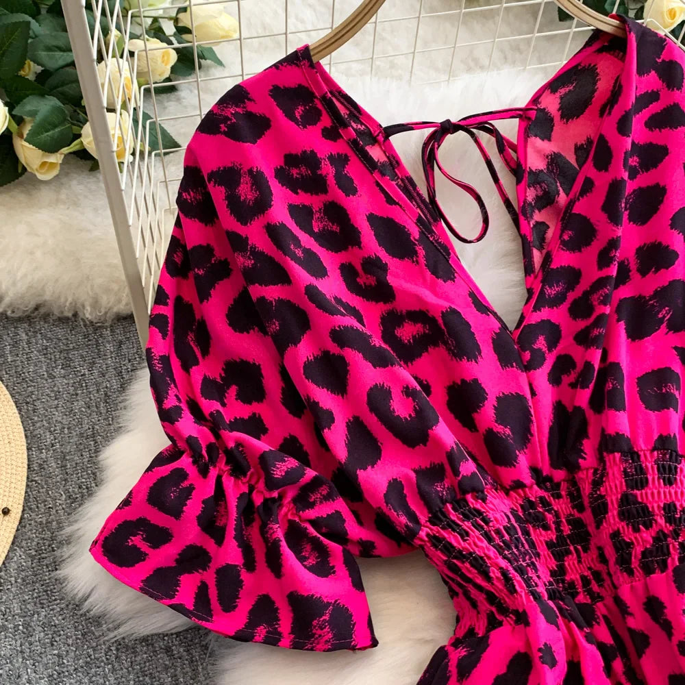 Women's Summer V-Neck Leopard Print Lace-Up Jumpsuit Short Sleeve Loose Fit Playsuit Overalls with Elegant Ruffle Detail