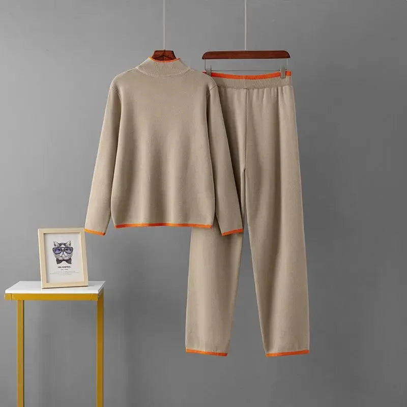 Autumn Embroidery Women Two-Piece Knit Set with Stand Collar Cardigan Sweater and High Waist Straight Pants