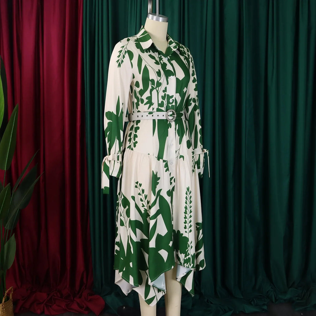 Printed Dress For Women Elegant Turn Collar Ankle Length