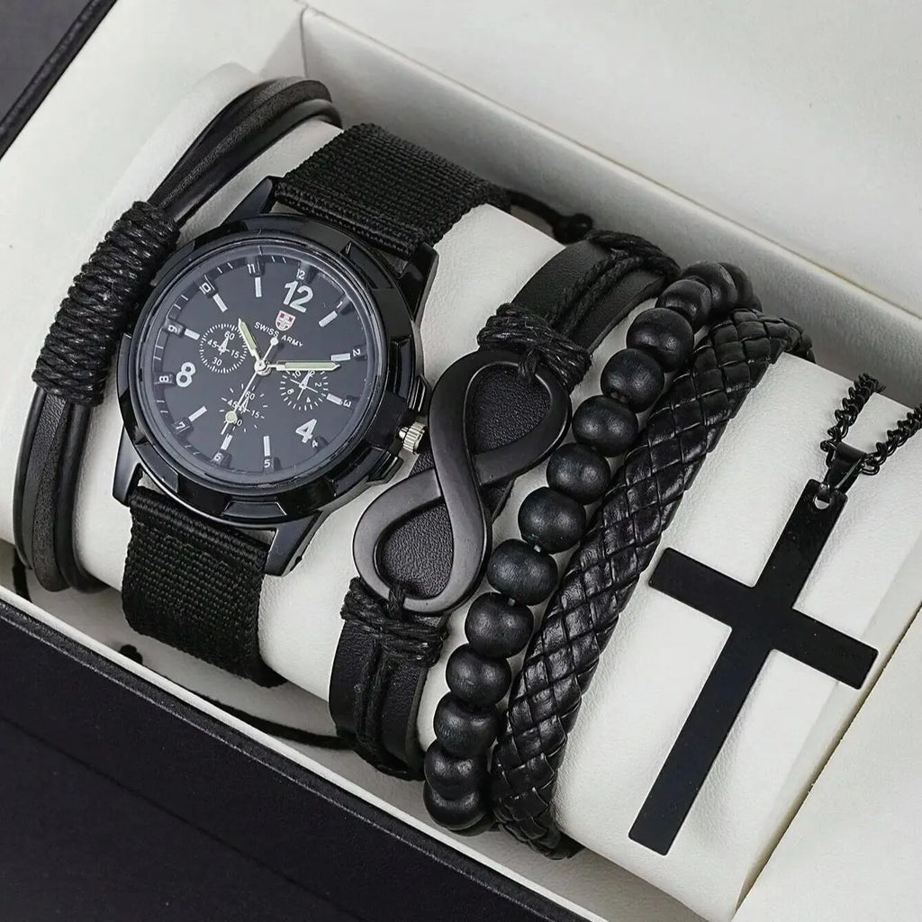 Fashionable PU Leather Beaded Bracelet Set With Quartz Watch And Cross Pendant Necklace For Men