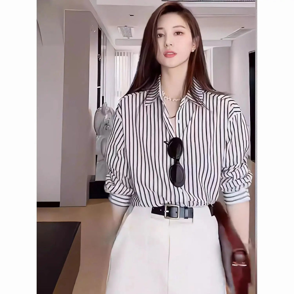 Elegant Black Striped Blouse for Women Casual Long-Sleeve Office Shirt Sophisticated Temperament Top for Ladies