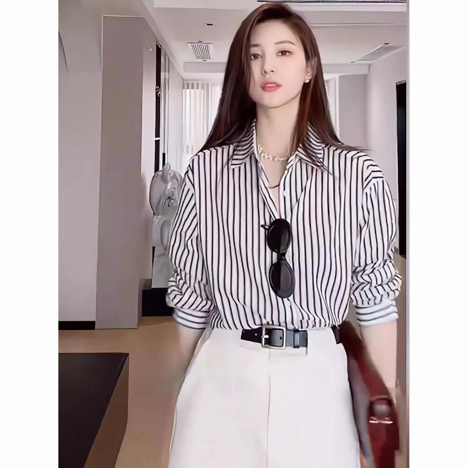 Elegant Black Striped Blouse for Women Casual Long-Sleeve Office Shirt Sophisticated Temperament Top for Ladies