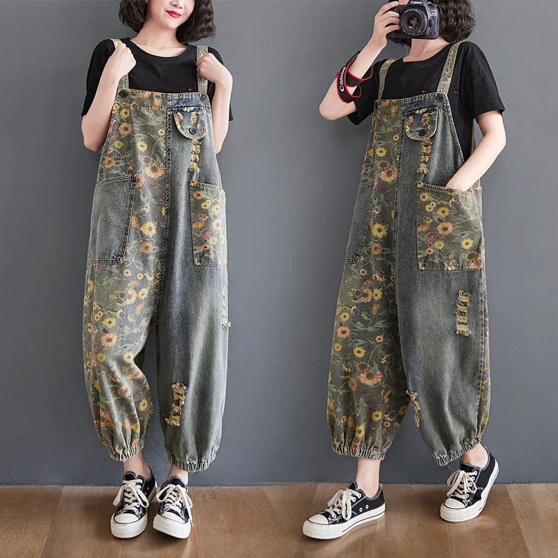 Casual Oversized Floral Print Denim Overalls for Women Loose Wide Leg Mom Jeans Romper Jumpsuit with Cargo Straps Baggy Pants